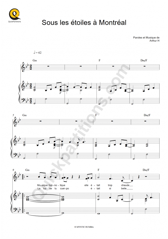 Sous les étoiles à Montréal Piano Sheet Music - Arthur H