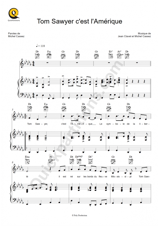 Tom Sawyer c'est l'Amérique Piano Sheet Music - Elfie
