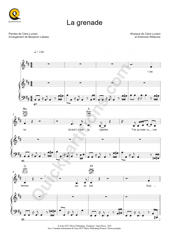 Partition piano La grenade - Clara Luciani
