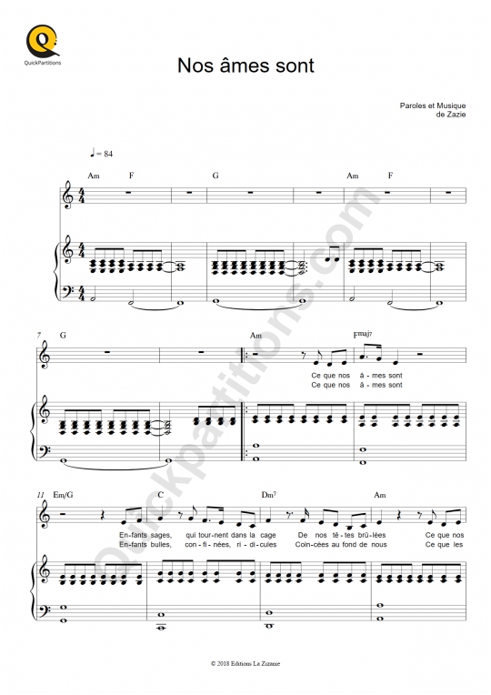 Nos âmes sont Piano Sheet Music - Zazie