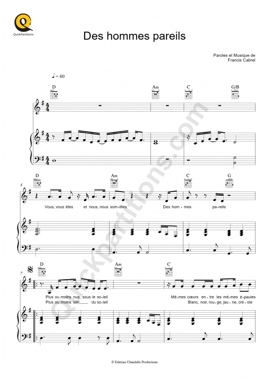 Partition piano Des hommes pareils - Francis Cabrel