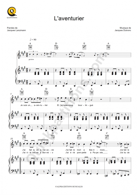 L'aventurier Piano Sheet Music - Jacques Dutronc
