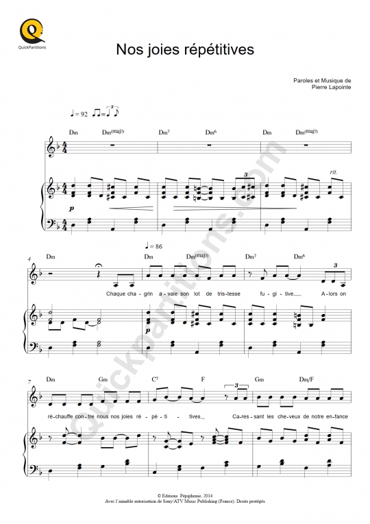 Nos joies répétitives Piano Sheet Music - Pierre Lapointe