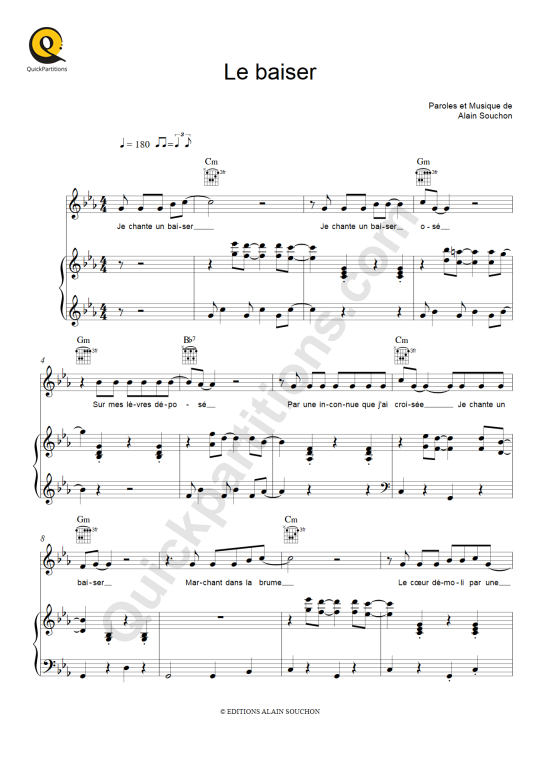 Le baiser Piano Sheet Music - Alain Souchon