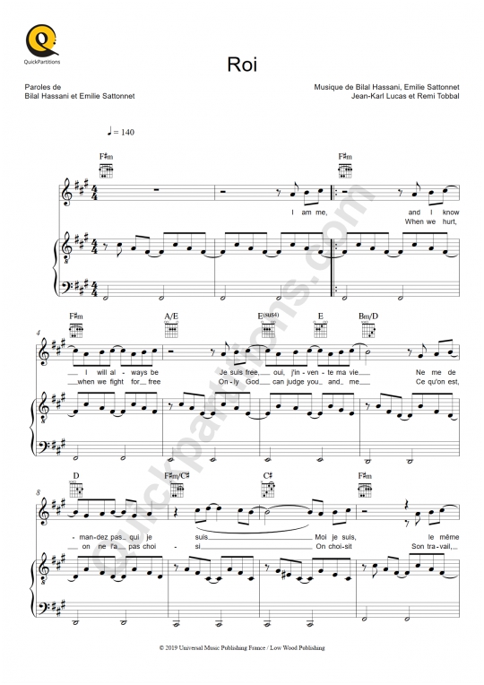 Partition piano Roi - Bilal Hassani