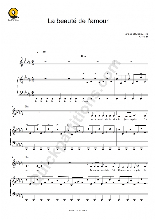 Partition piano La beauté de l'amour - Arthur H