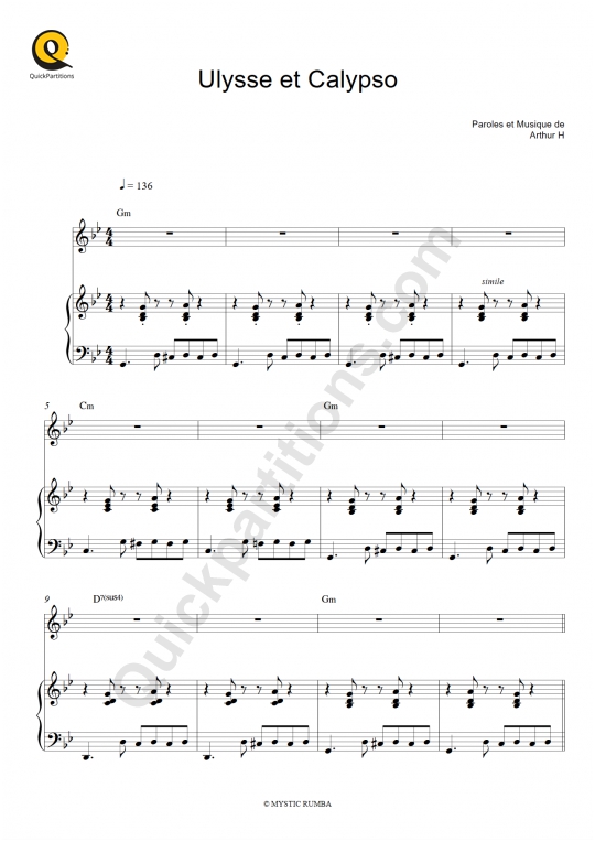 Partition piano Ulysse et Calypso - Arthur H