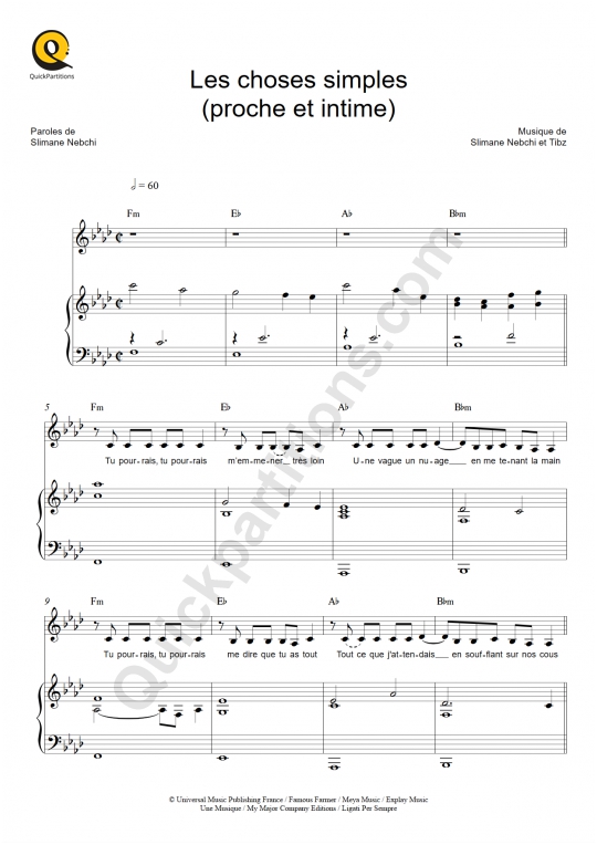 Les choses simples (proche et intime) Piano Sheet Music - Jenifer