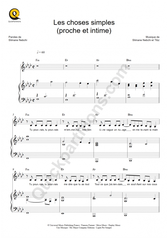 Les choses simples (proche et intime) Piano Sheet Music - Jenifer