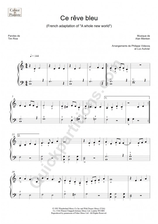 Support de cours Ce rêve bleu (A whole new world) - Le Cahier du Pianiste