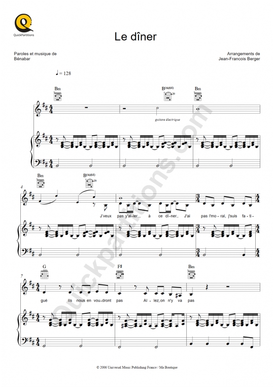 Le diner  Piano Sheet Music - Bénabar