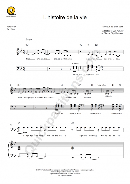 L'histoire de la vie Piano Sheet Music - Le Roi Lion