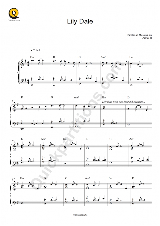 Partition piano Lily Dale - Arthur H