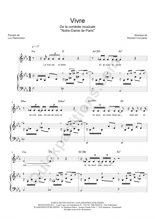 Partition piano Vivre - Notre dame de paris