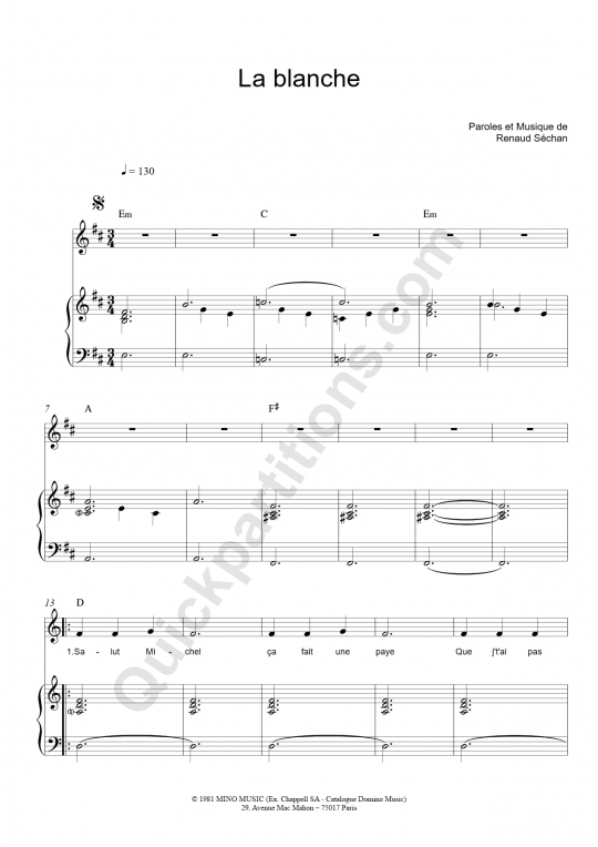 Partition piano La blanche - Renaud