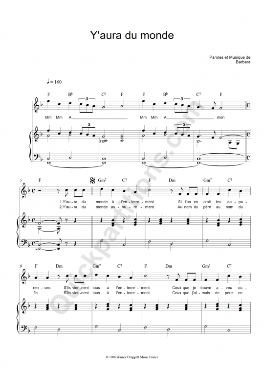 Y'aura du monde Piano Sheet Music - Barbara