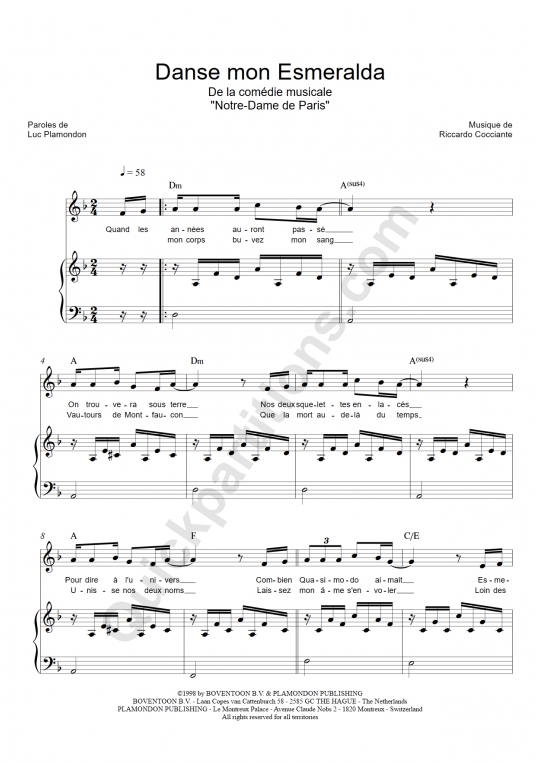 Danse mon Esmeralda Piano Sheet Music - Notre dame de paris