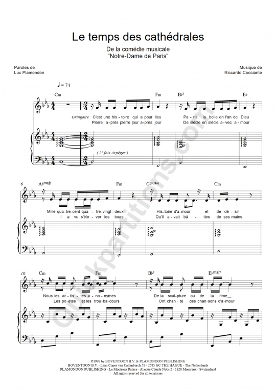 Partition piano Le temps des cathédrales - Notre dame de paris