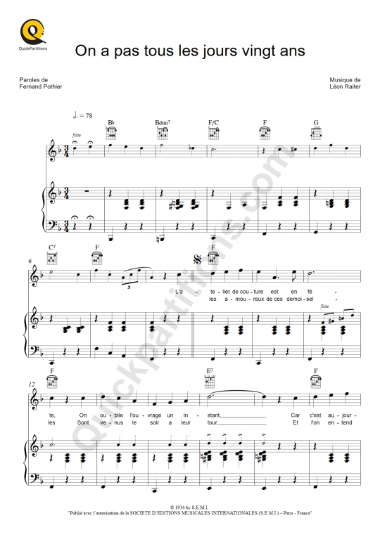 On a pas tous les jours vingt ans Piano Sheet Music - Berthe Sylva