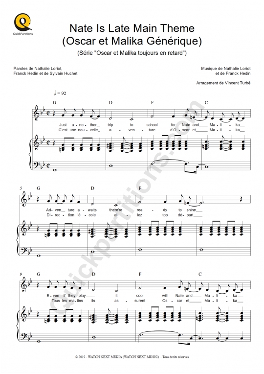 Nate Is Late Main Theme (Oscar et Malika Générique) Piano Sheet Music - Oscar et Malika