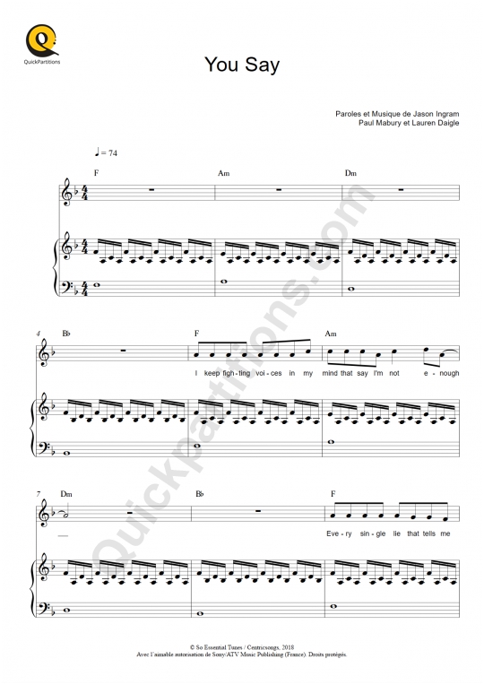 Partition piano You Say - Lauren Daigle