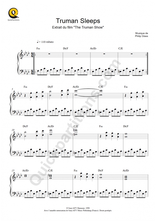 Truman Sleeps (The Truman Show) Piano Sheet Music - Philip Glass