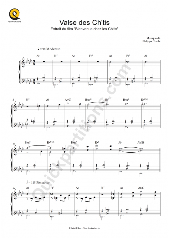 Valse des Ch'tis Piano Sheet Music - Bienvenue chez les ch'tis