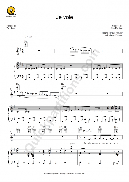 Je vole Piano Sheet Music - Aladdin