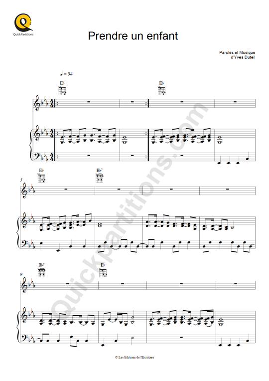 Prendre un enfant  Piano Sheet Music - Yves Duteil