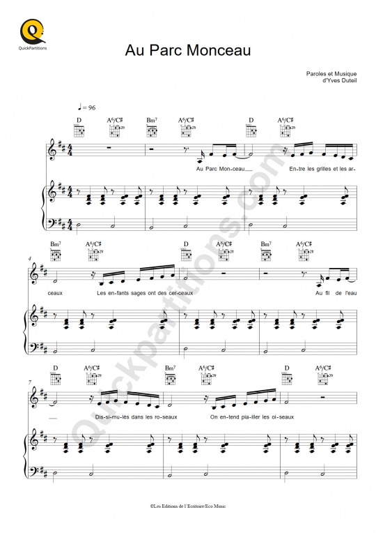 Partition piano Au parc Monceau - Yves Duteil