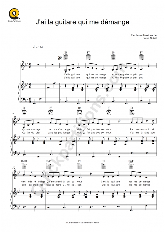 Partition piano J'ai la guitare qui me démange - Yves Duteil