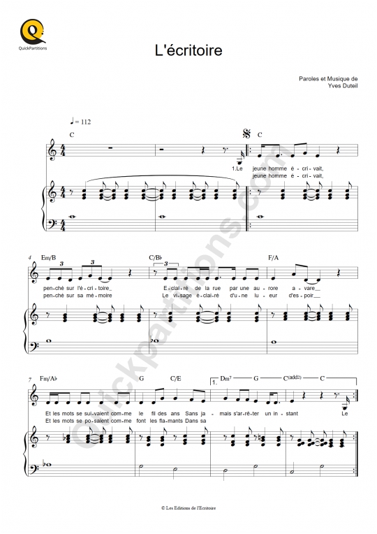 L'écritoire Piano Sheet Music - Yves Duteil