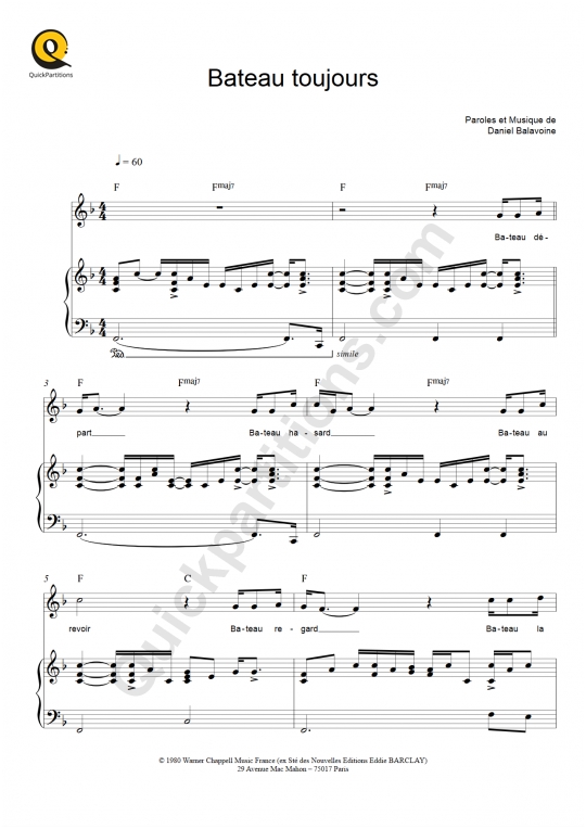 Partition piano Bateau toujours - Daniel Balavoine