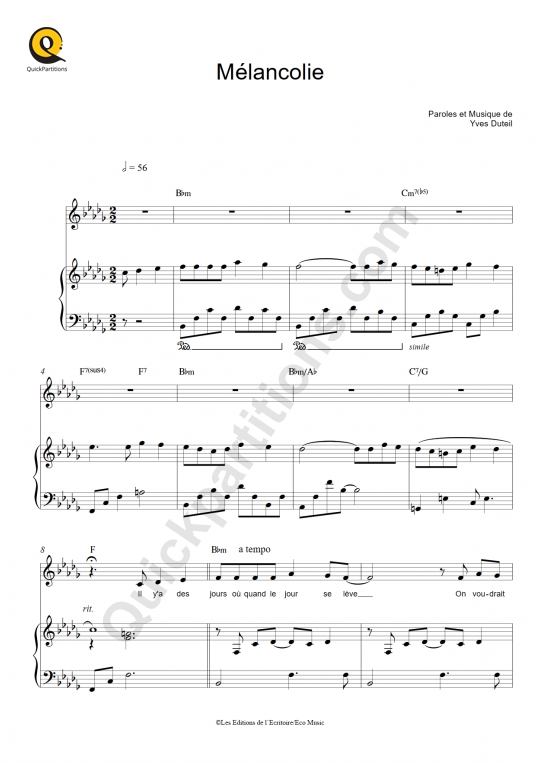 Partition piano Mélancolie - Yves Duteil