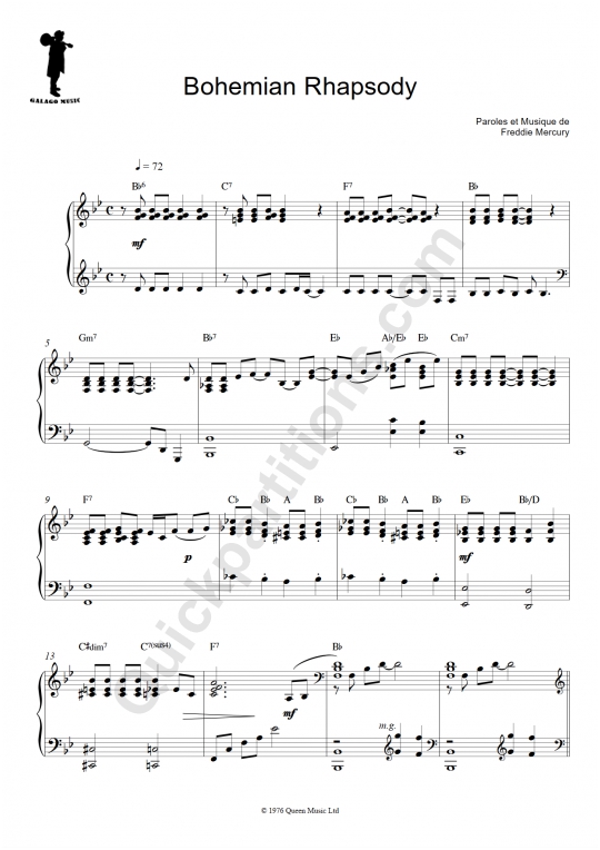 Partition piano facile Bohemian Rhapsody - Galagomusic