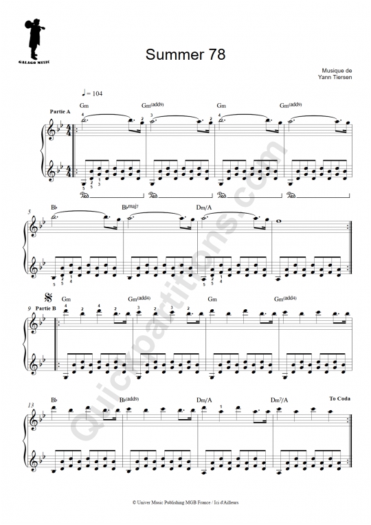 Partition piano facile Summer 78 - Galagomusic