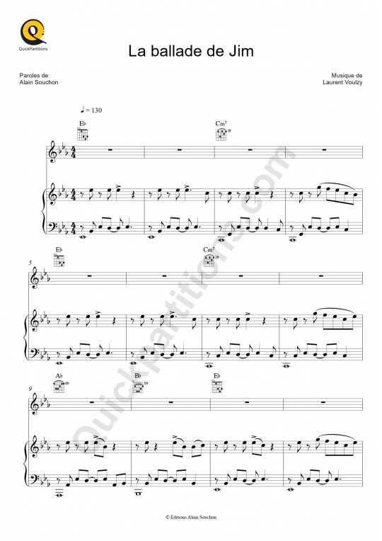 La ballade de Jim Piano Sheet Music - Alain Souchon