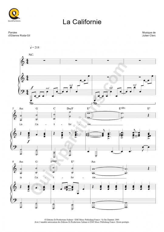 Partition piano La Californie - Julien Clerc