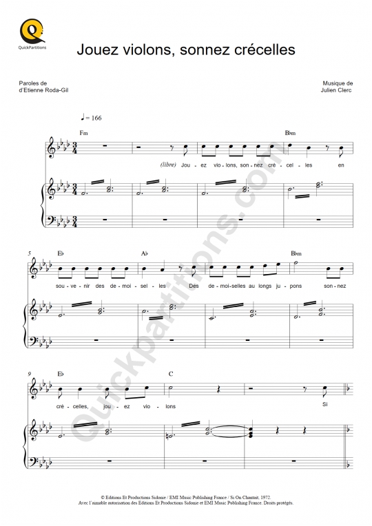 Partition piano Jouez violons, sonnez crécelles - Julien Clerc