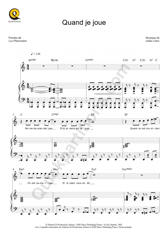 Quand je joue Piano Sheet Music - Julien Clerc