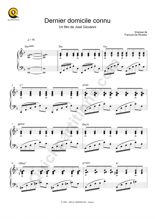Dernier domicile connu Piano Sheet Music - François De Roubaix