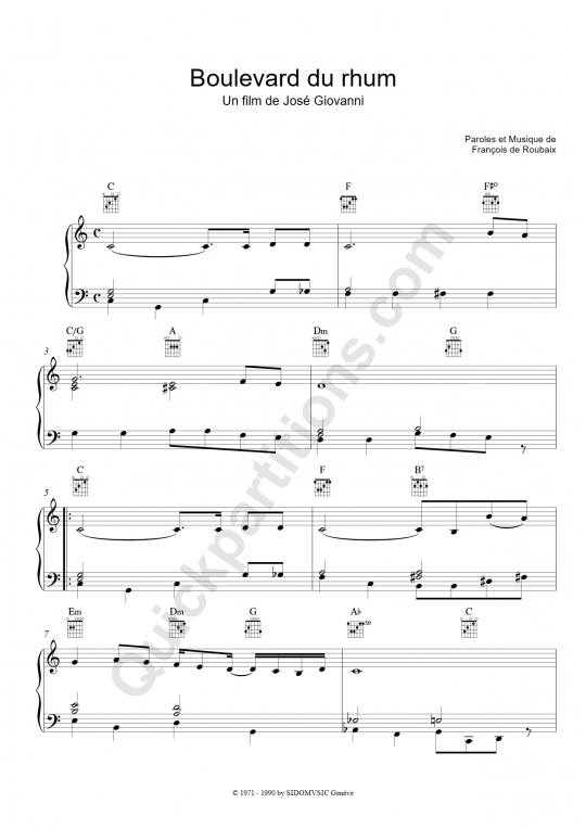 Partition piano Boulevard du rhum - François De Roubaix