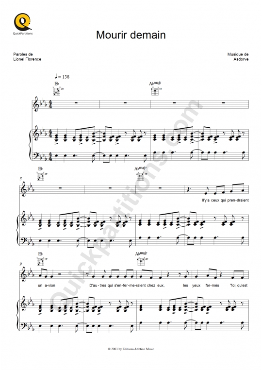 Mourir demain Piano Sheet Music - Natasha St-Pier