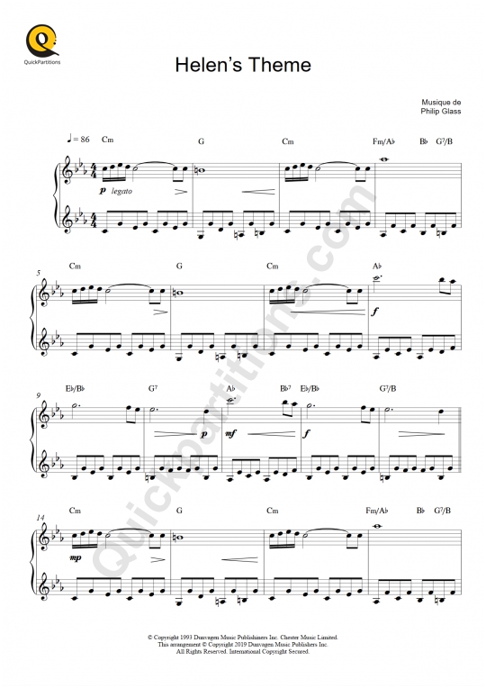 Partition piano Helen's Theme (Candyman) - Philip Glass