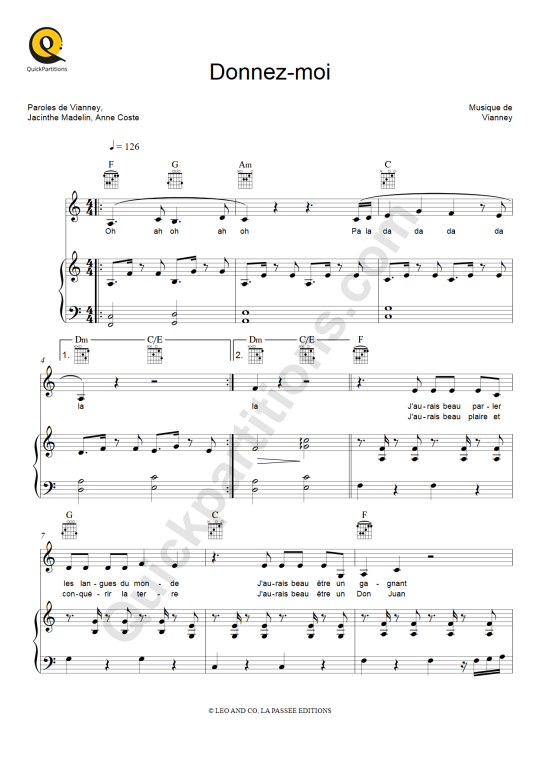 Partition piano Donnez-moi - Les Frangines