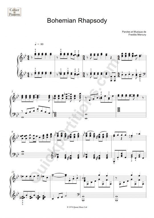 Partition piano facile Bohemian Rhapsody - Le cahier du pianiste