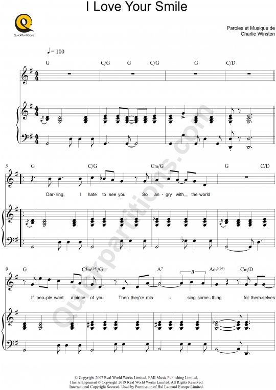I Love Your Smile Piano Sheet Music - Charlie Winston