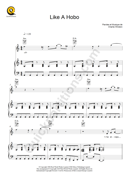 Partition piano Like A Hobo - Charlie Winston