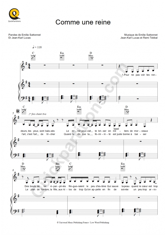 Partition piano Comme une reine - Madame Monsieur