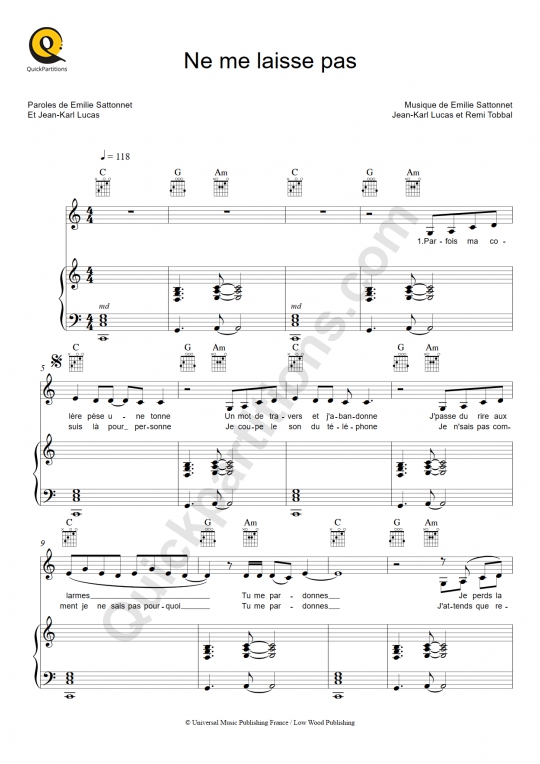 Ne me laisse pas Piano Sheet Music - Madame Monsieur